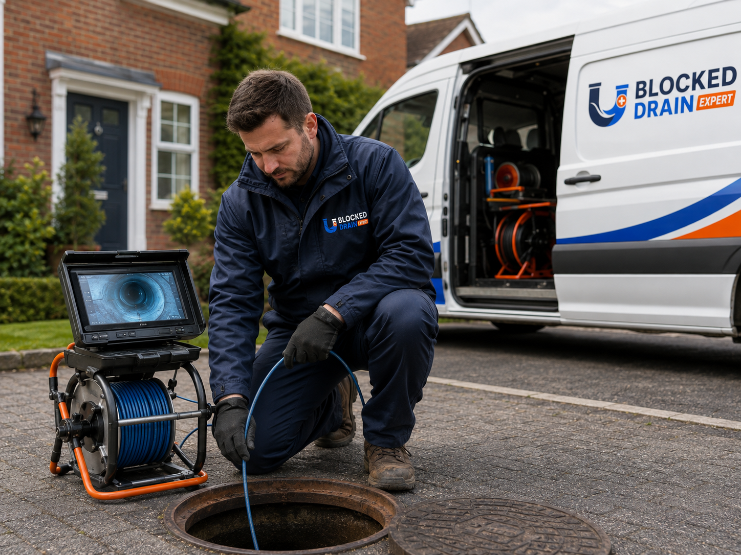 Blocked Drain Expert engineer carrying out drainage inspection work beside a branded BDE van